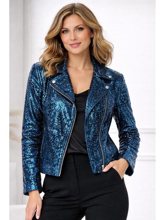 Colleen Lopez Jackets & Blazers - NWT Colleen Lopez Blue Sequin Moto Jacket Sparkly Evening Blazer Size 1X